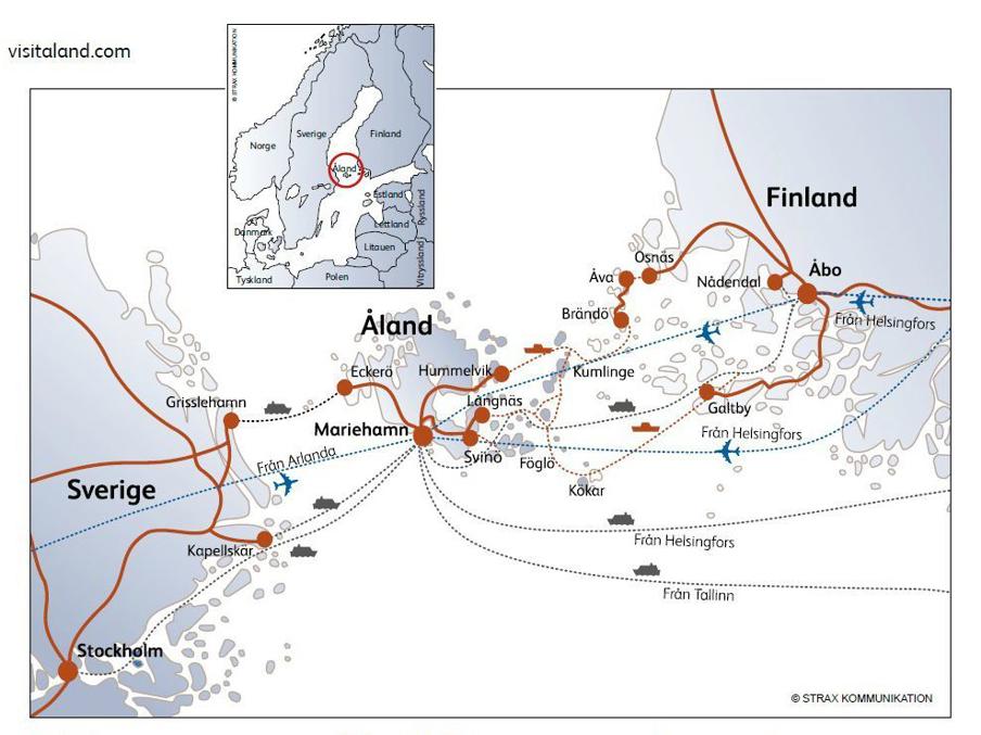 Расположение Аландов и связи с ними.  Карта на шведском, Helsingfors = Хельсинки, Åbo = Турку, Nådendal = Наантали.  Источник: https://visitaland.wntr.io/uploads/2022/04/kommunikationskarta.jpg