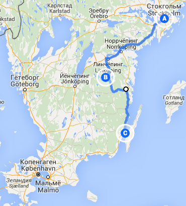 Stockholm to Öland. A: Stockholm; B: The motel; C: Öland Bridge