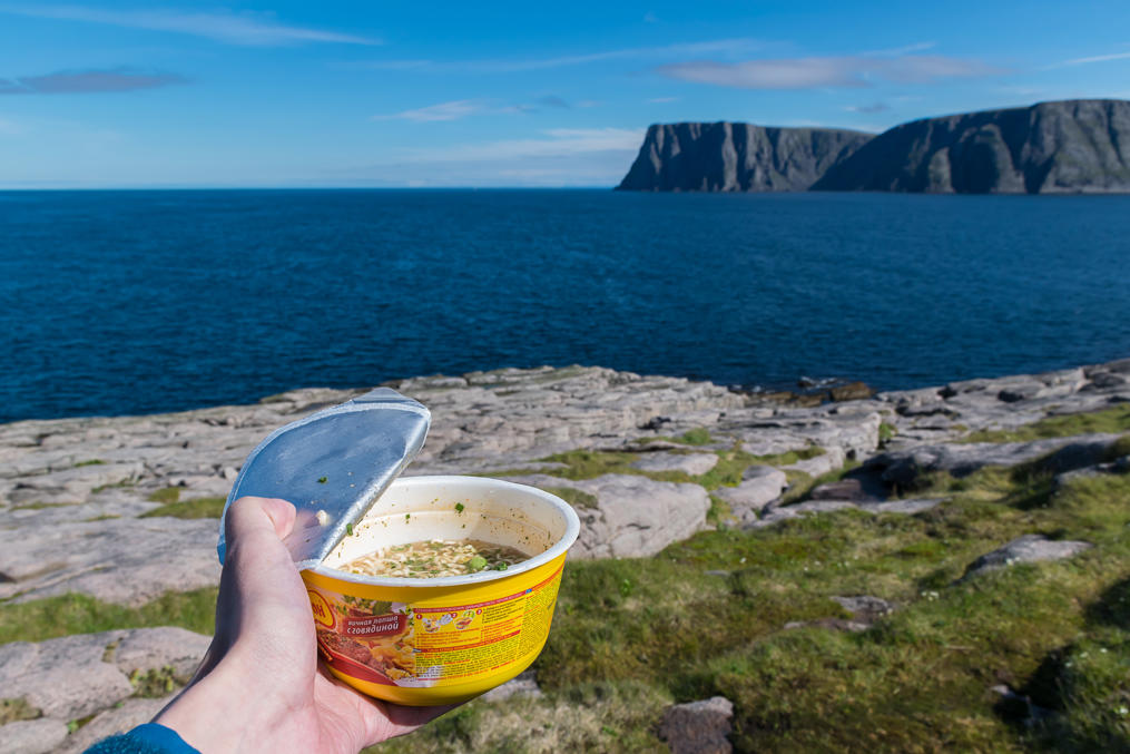 Noodles at Knivskjellodden Cape, with a view of the North Cape