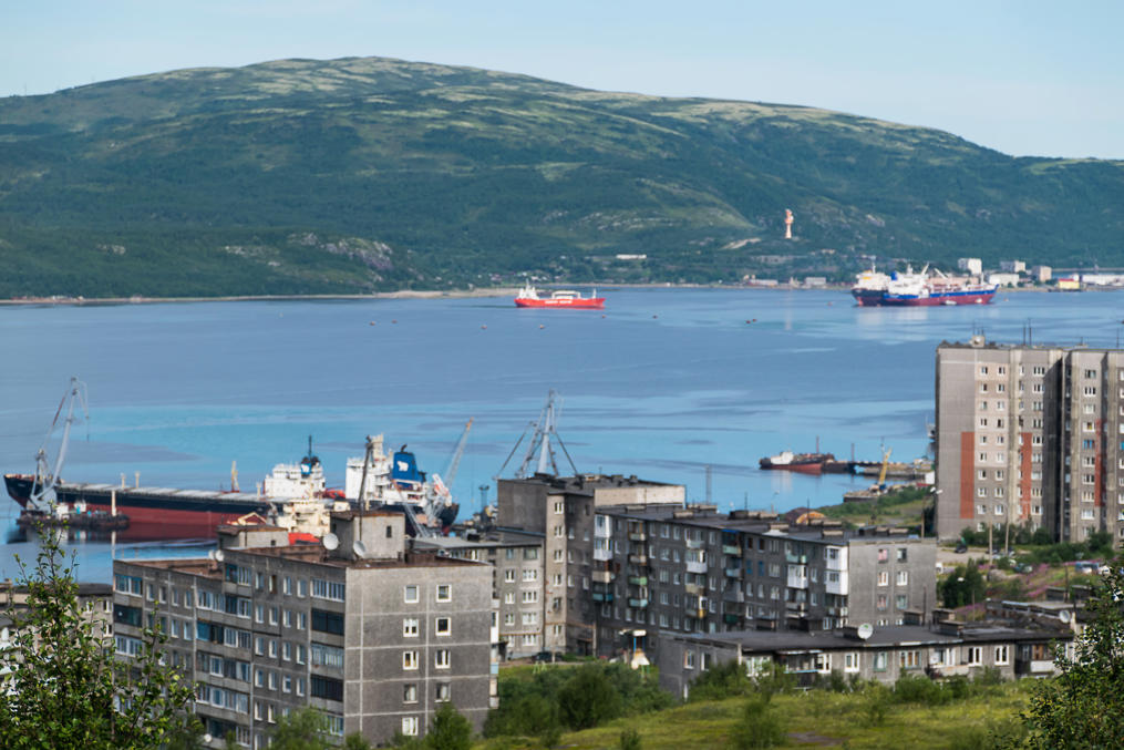 Kola Bay and Murmansk apartment blocks, as seen from the base of the "Alyosha" statue
