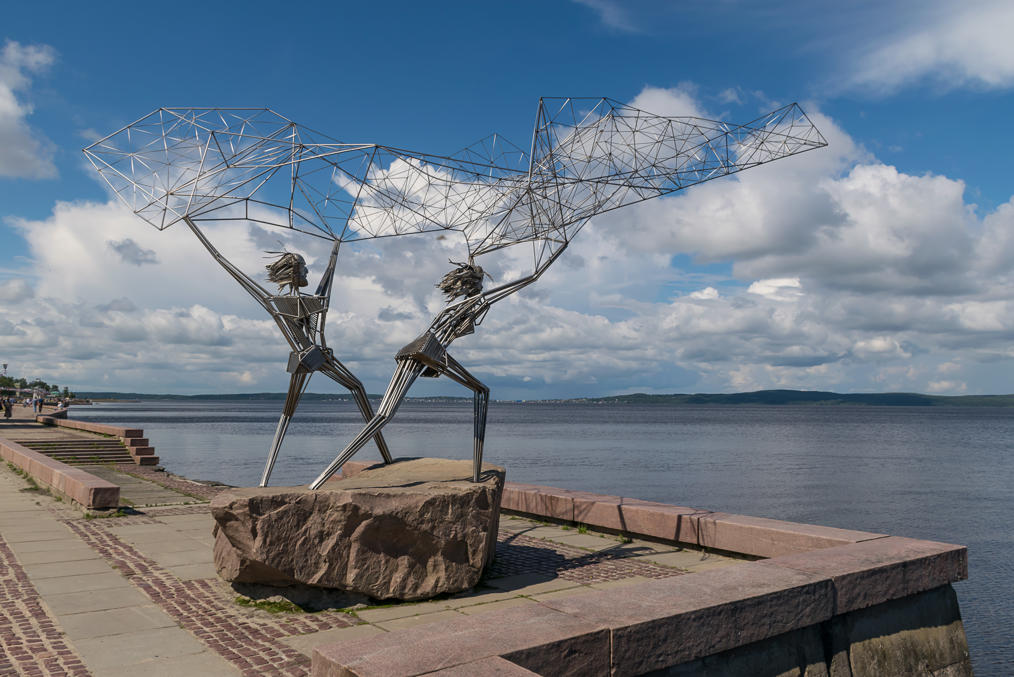 Fishermen scuplture at the Onega Lake waterfront in Petrozavodsk, Russian Karelia