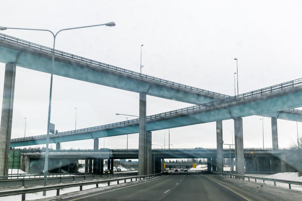 Interchange of several major highways at Tampere bypass road, the only four-level interchange in Finland