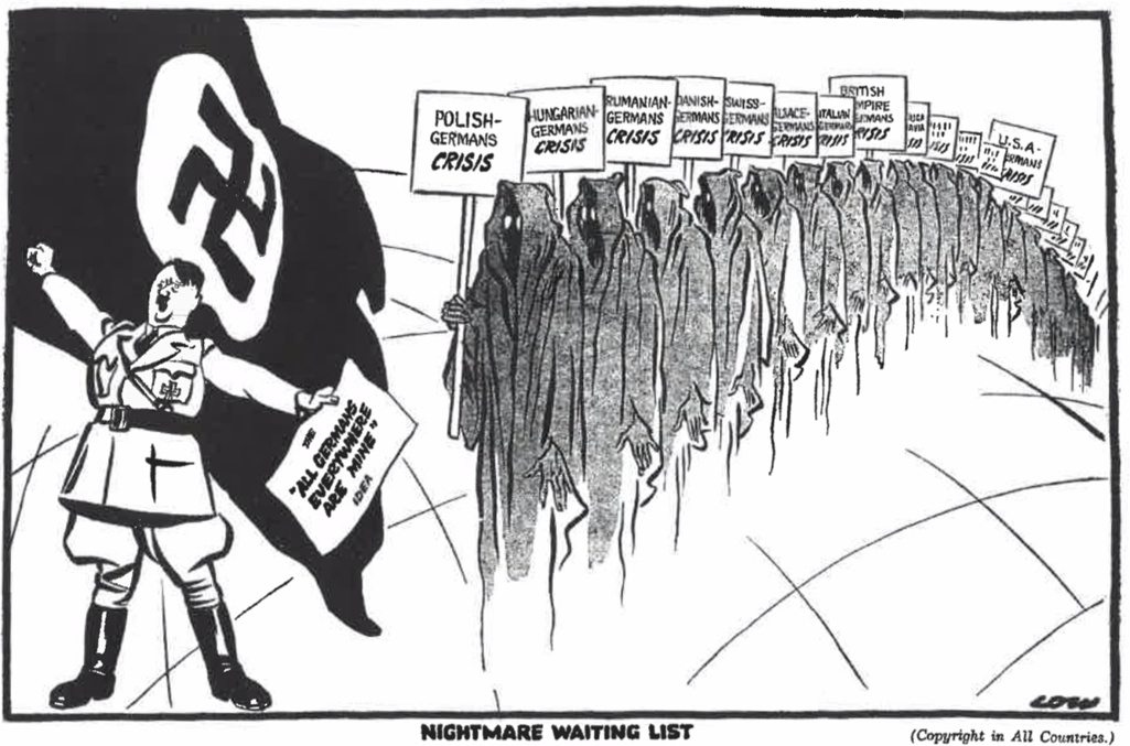 "Кошмарная очередь". Английская карикатура изображает Гитлера и его политику в сентябре 1938. Подумайте над смыслом карикатуры.