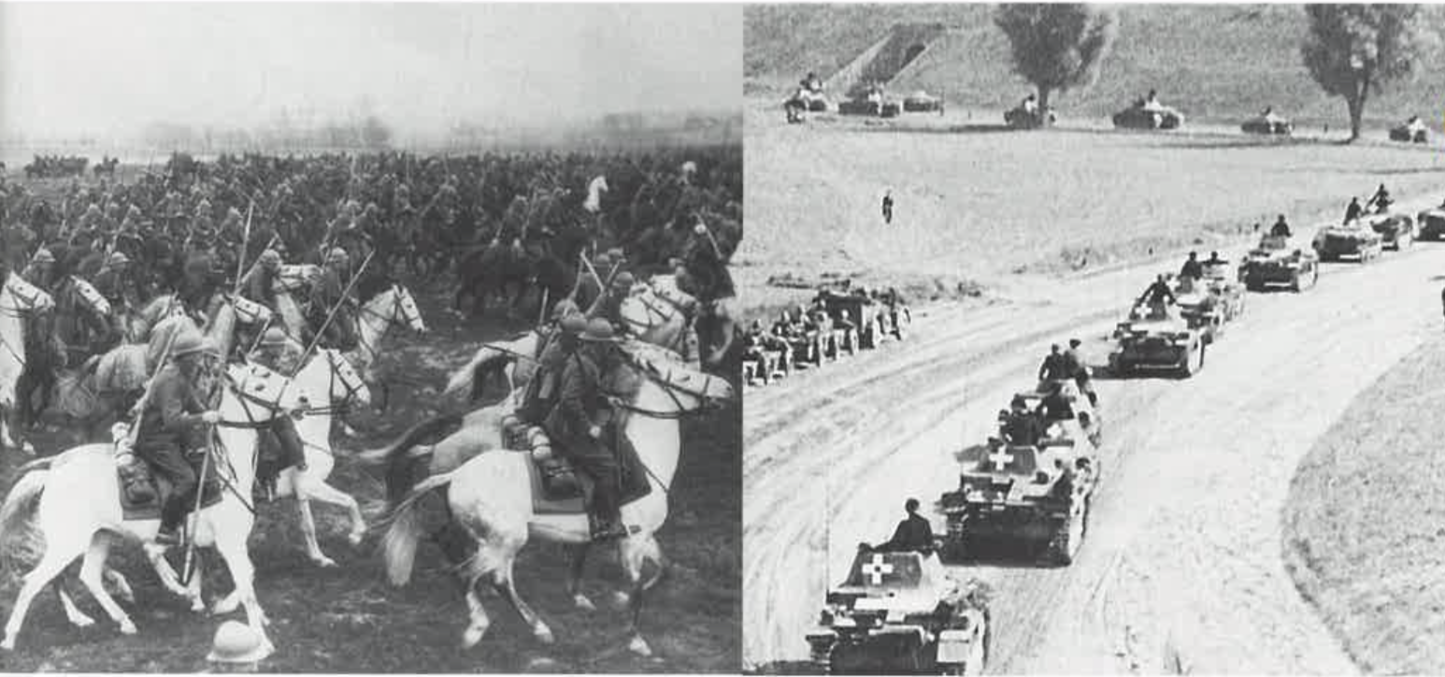 Армии различных государств находились на разном техническом уровне в начале Второй Мировой войны. В польской армии еще использовалась кавалерия, в то время как германская армия была моторизована и оснащена танками. Однако неверно полагать, что кавалеристы буквально сражались против танков; кавалерия использовалась в основном в качестве резервной ударной силы, и не участвовала в крупных сражениях. Помимо кавалерии, Польша располагала также легкими танками и самоходными орудиями.