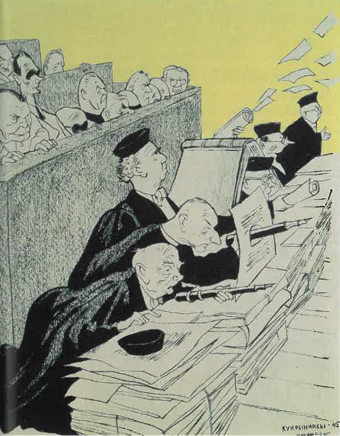 Советская карикатура на Нюрнбергский процесс. Многие нацисты пытались избежать приговора, утверждая, что не знали о военных преступлениях, либо лишь следовали приказам.