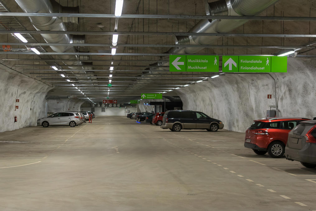 Undeground parking in Helsinki center (at Finlandia House).  A number of such parking lots exist, nice but quite pricey