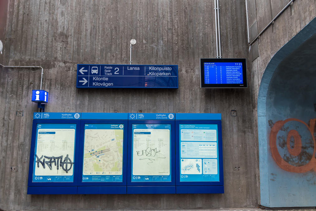 Train display, timetables and station scheme at Kilo railway station