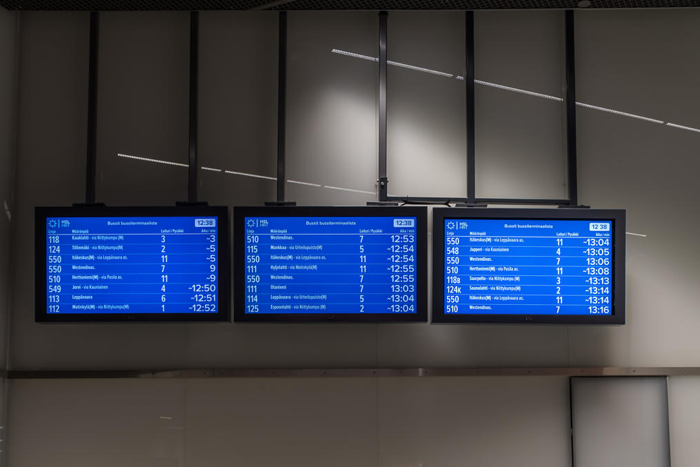 Bus display at Tapiola bus terminal