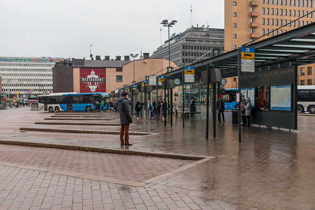 Bus terminal at Elielinaukio, next to Helsinki central railway station.  Buses from this and other terminals in the center serve destinations not fitting well into the trunk route system