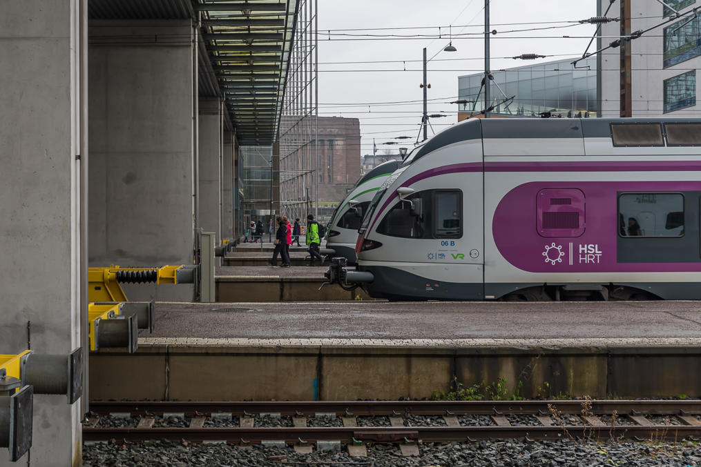 HSL-branded commuter trains at Helsinki central station