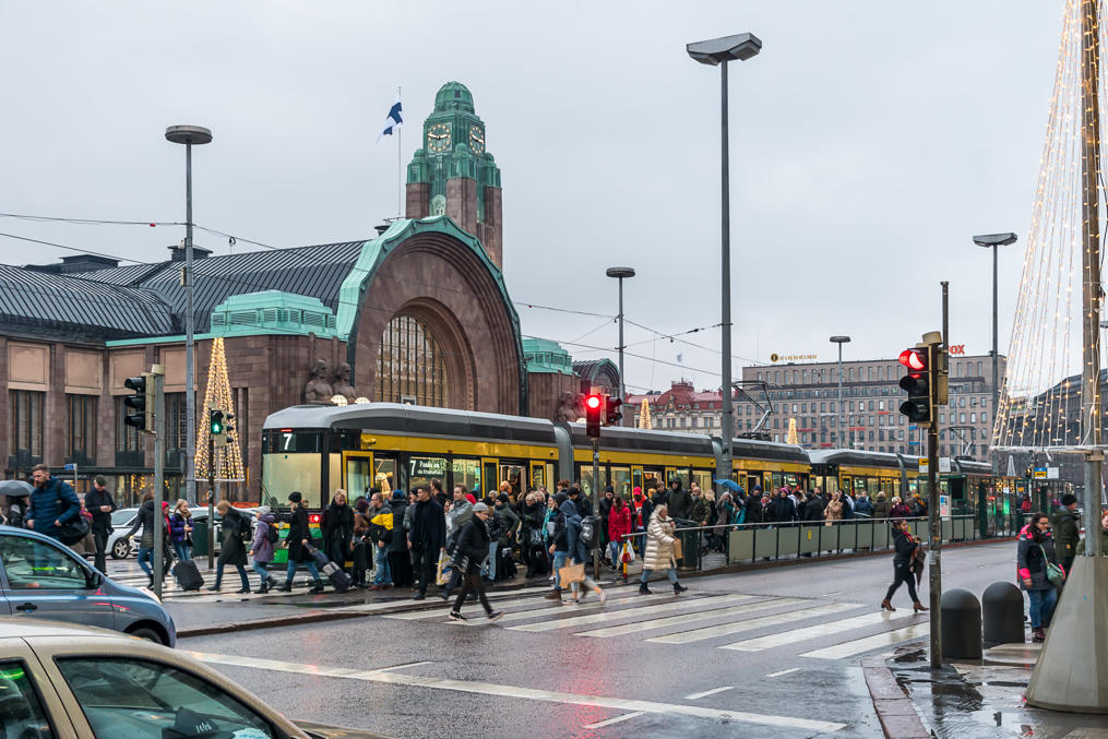 Trams at Helsinki central railway station bringing people from ferries