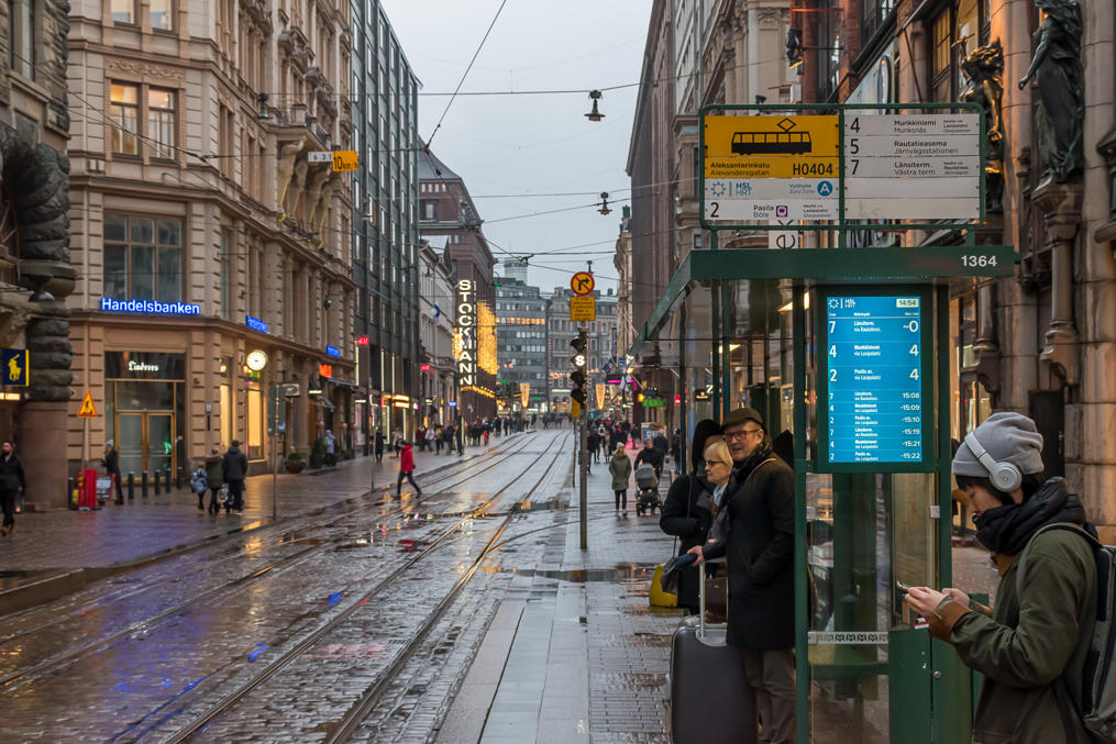 Tram stop at Aleksanterinkatu, the central pedestrial street on Helsinki