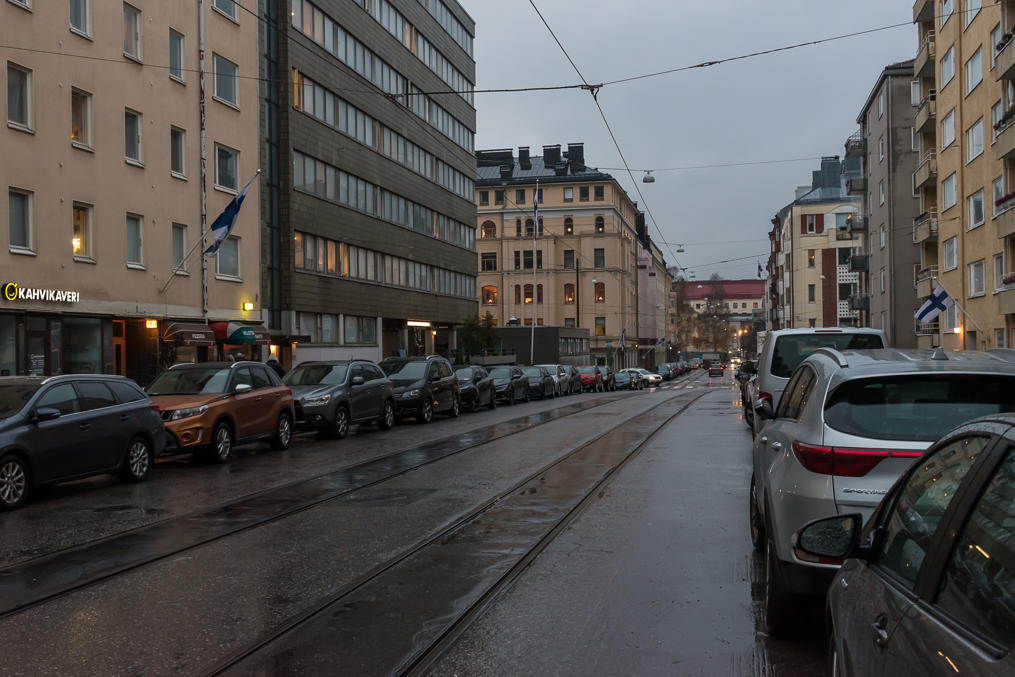 Tram tracks on a smaller street in Töölö