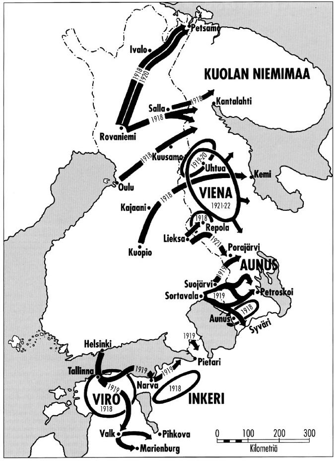 Все походы "Племенных войн" в 1918-1922, включая также помощь Эстонии.  Источник: vapaussota.com
