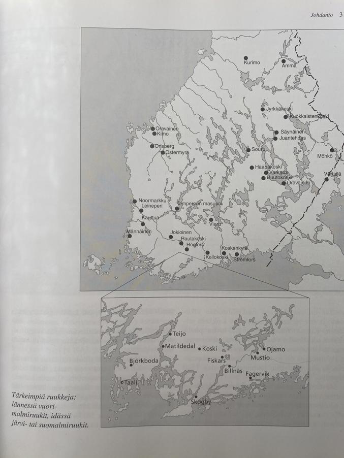 Map of major historical Finnish ironworks, from the book Suomen rautaruukit by Asko Salokorpi, 2007