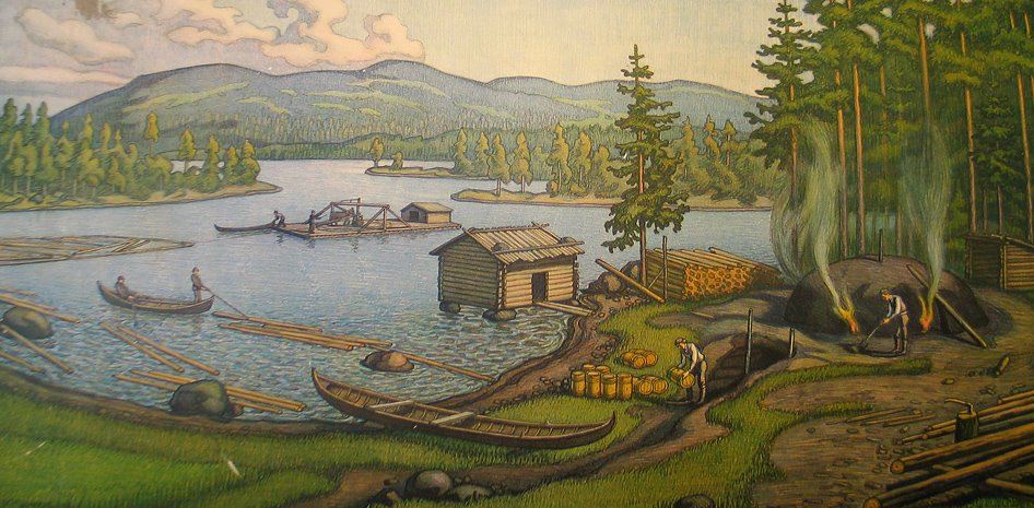 Пейзаж Кайнуу со старого школьного плаката, с дегтярным промыслом и пейзажем озер и лесистых сопок.  Источник: фейсбук Музея Кайнуу