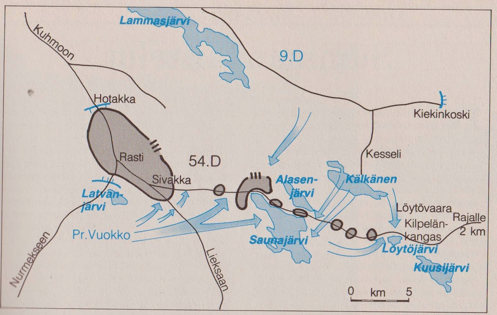 схема боевых действий в январе-марте 1940.  Из сборника Suomi sodassa, 4-е издание, 1988 (скан с https://vanhahistoria.blogspot.com/2014/07/kuhmon-taistelu.html)