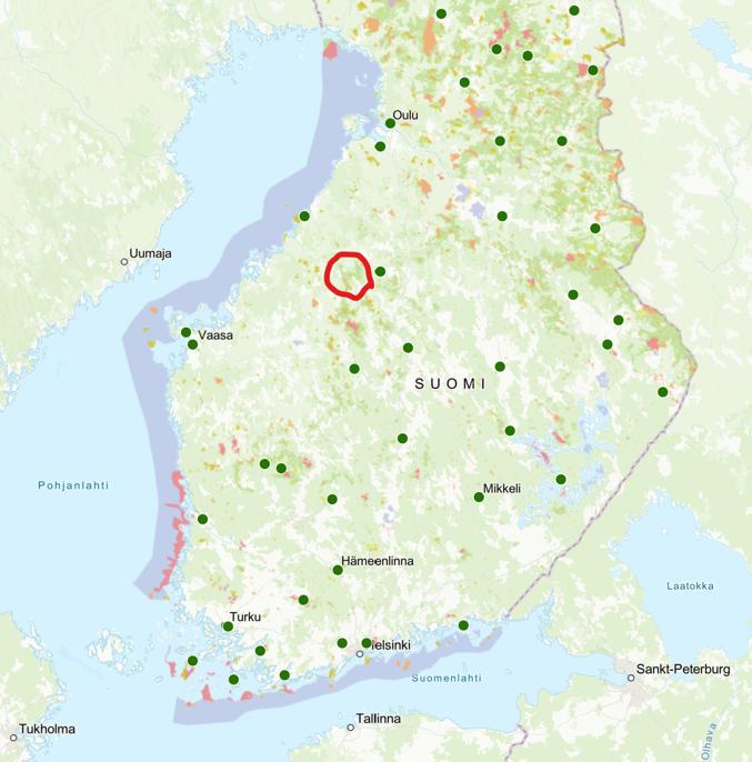 State-owned commercial forests in dark green (orange/red is state-owned protected nature areas, green markers are Metsähallitus offices), current situation.  Source: https://metsahallitus.maps.arcgis.com/apps/Embed/index.html?webmap=fd5ec41e879a47c89671079b6ca41e4f
