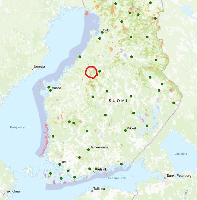 State-owned commercial forests in dark green (orange/red is state-owned protected nature areas, green markers are Metsähallitus offices), current situation.  Source: https://metsahallitus.maps.arcgis.com/apps/Embed/index.html?webmap=fd5ec41e879a47c89671079b6ca41e4f