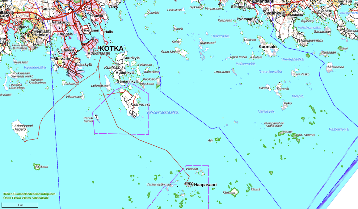 Fragment of the map of Finland.  Connecting boat routes marked in red dashed lines.  Finnish eastern sea border visible to the right