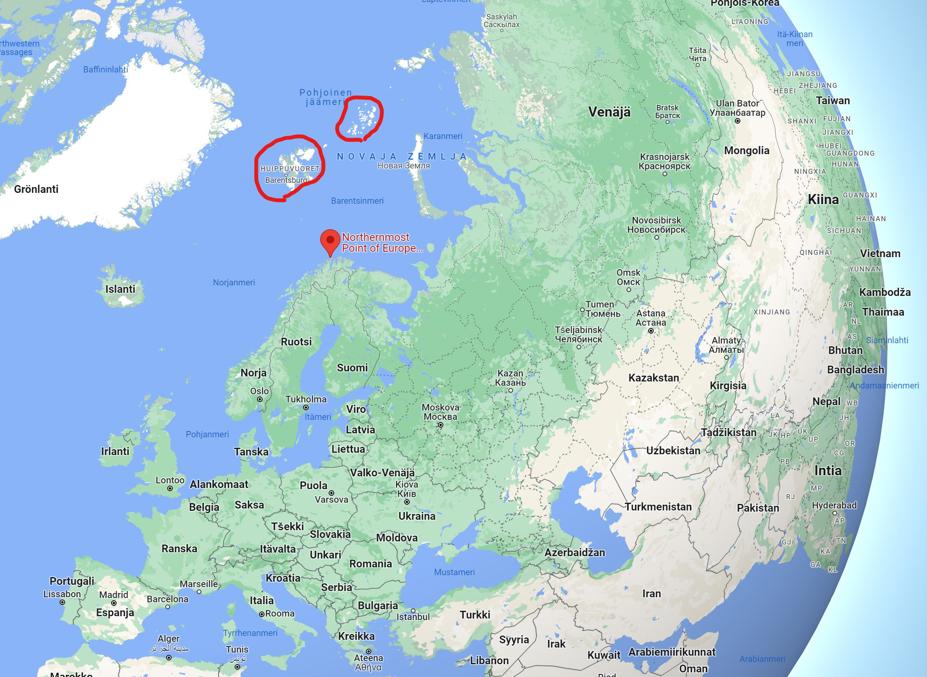 Svalbard (Huippuvuoret in a map in Finnish) and Franz Josef Land