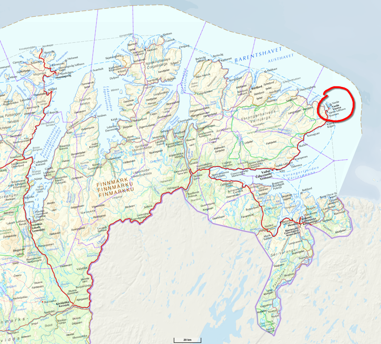 Расположение Вардё на карте восточной части Северной Норвегии.  Официальная онлайн-карта Норвегии (norgeskart.no) использует проекцию, в которой не очевидно, что именно Вардё самая восточная точка.  На северо-западе Нордкапп