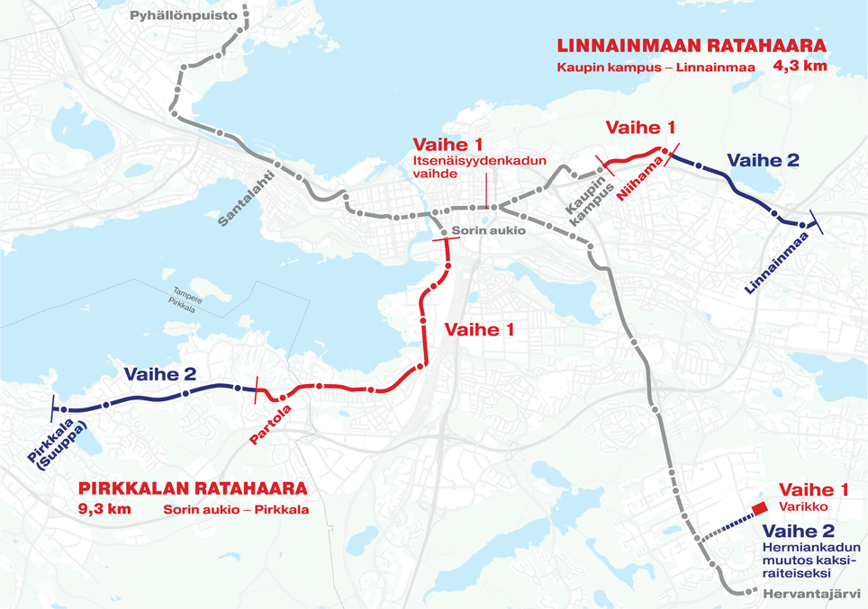 Схема третьей очереди трамвая.  Источник: https://www.tampereenratikka.fi/matkustaminen/ratikan-reitti/