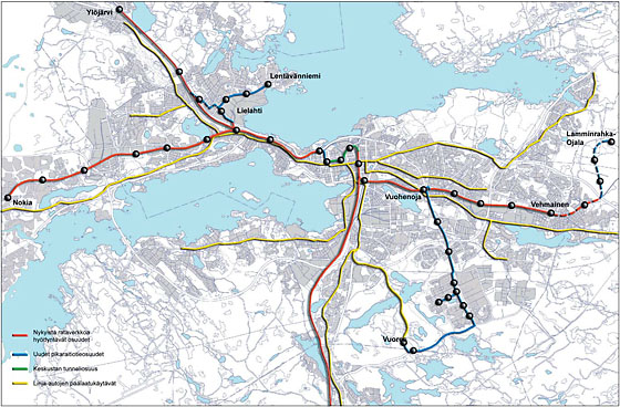 Схема проекта трамвая-поезда 2004 года.  Источник: kaupunkiliikenne.net