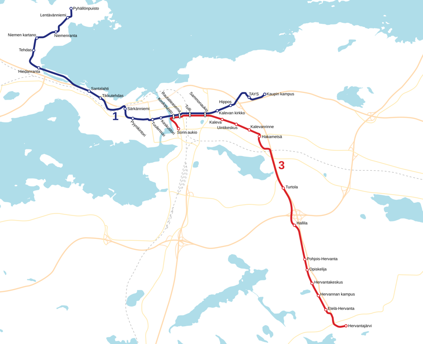 Схема линий трамвая Тампере на 2025.  Источник: Википедия