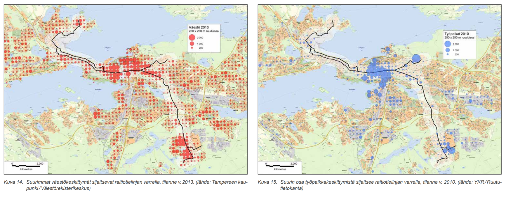 Плотность населения и рабочих мест в Тампере по квадратам 250x250 м, на фоне предлагаемых трамвайных линий (с двумя вариантами трассировки на западе), из предпроекта 2014 года