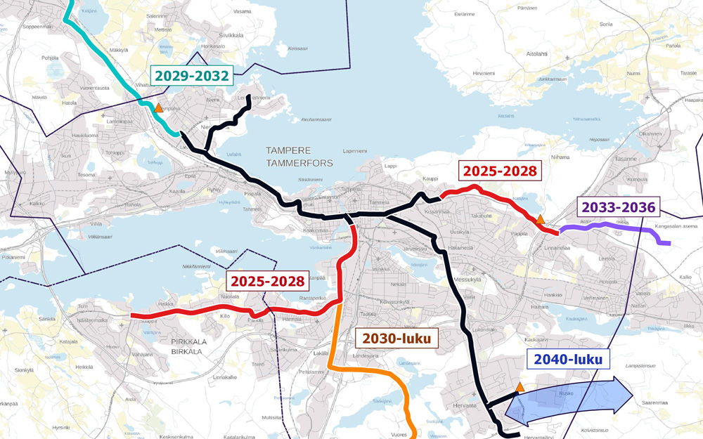 Ориентировочные перспективные трамвайные линии и годы их строительства.  Источник: tampere.fi