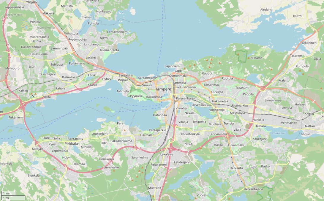 Карта Тампере из OpenStreetMap.  Трамвай уже тоже отмечен :)