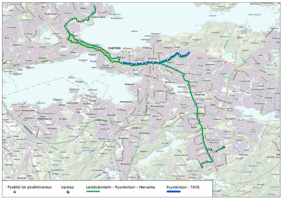 Схема трамвая из отчета 2014 года, с двумя маршрутами, двумя вариантами трассировки на переезде, и веткой в депо (голубой кружок на юго-востоке).  Финальная трассировка имеет небольшие отличие от этой схемы