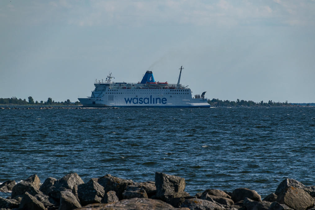 Wasa Express ferry in the archipelago.  The ship has seen many owners and is quite dated.  A new ferry, Aurora Botnia, is under construction now, to be launched in 2021.  Fully Finnish-built of course, at Rauma shipyards using engines made in Vaasa