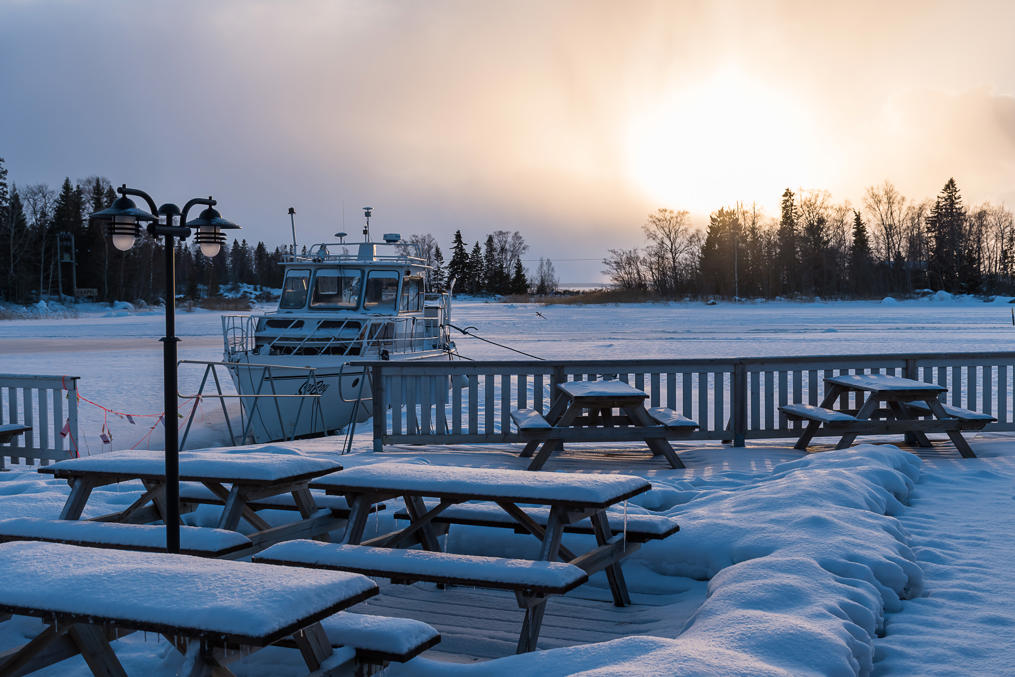 Frozen harbor of the Jannen Saluuna restaurant in the archipelago